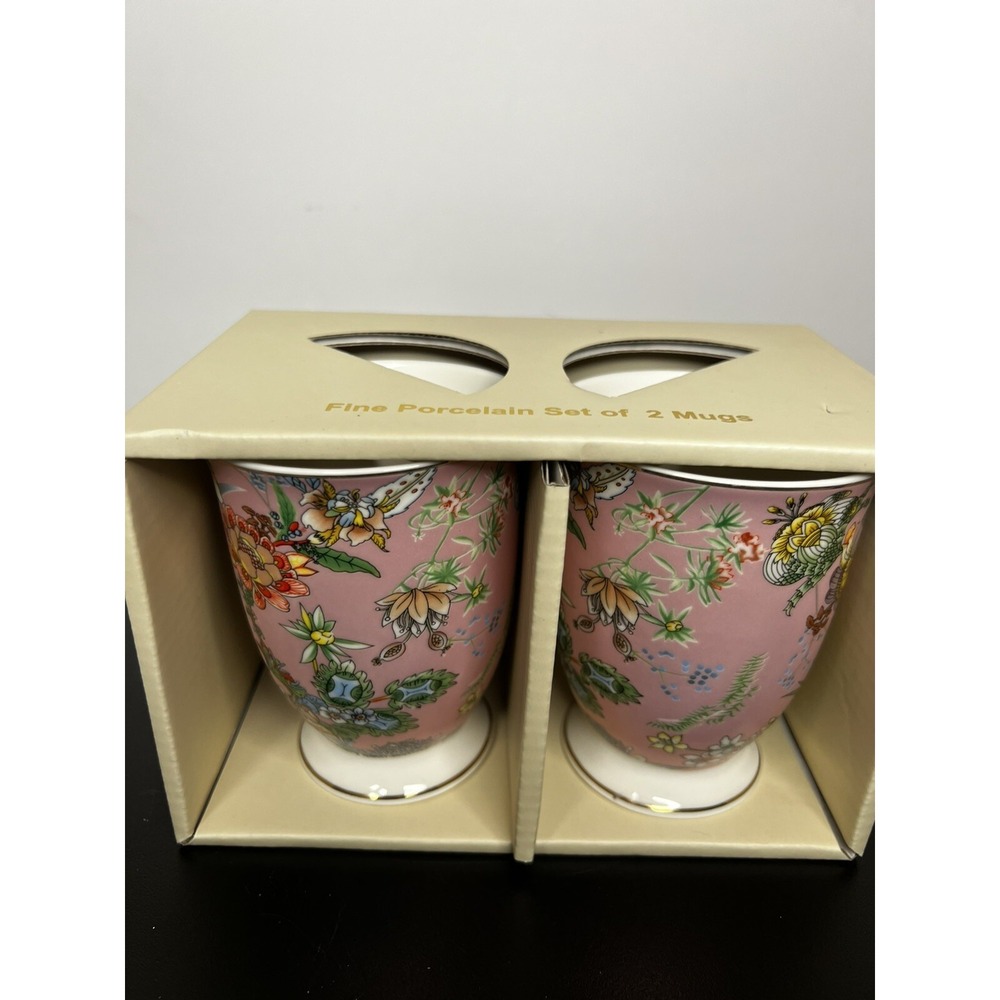 Park Chateau Fine Porcelain Set of 2 Footed Mugs Pink & Multicolor Floral Design